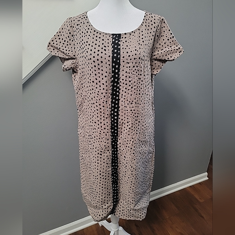 Habitat Dress Sheath Tan Black Dots Size Small Coastal Resortwear Midi Pockets